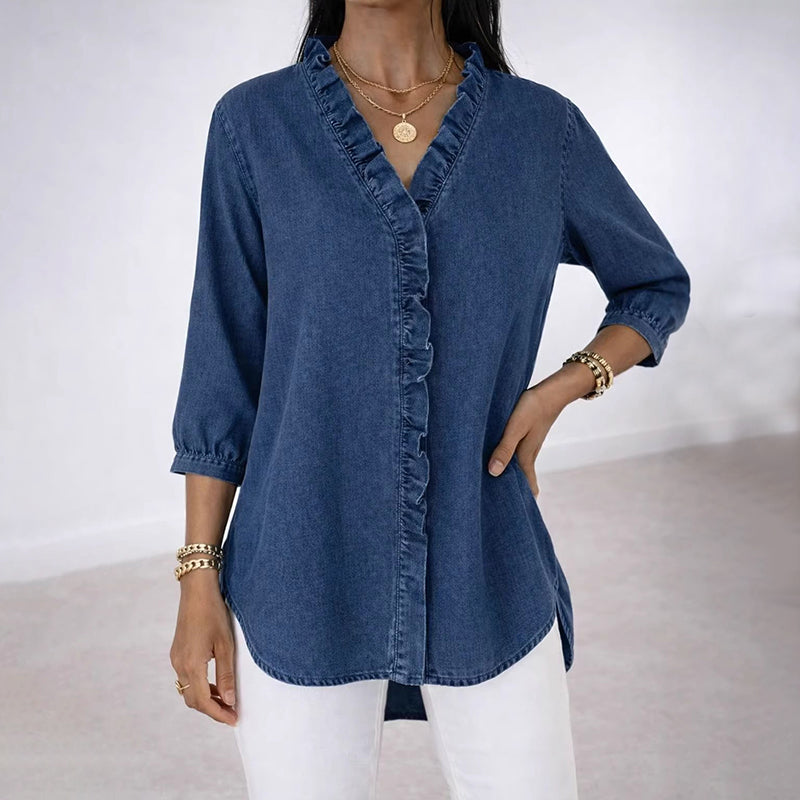 Cardydony Women's Casual Imitation Denim V-neck Ruffle Shirt