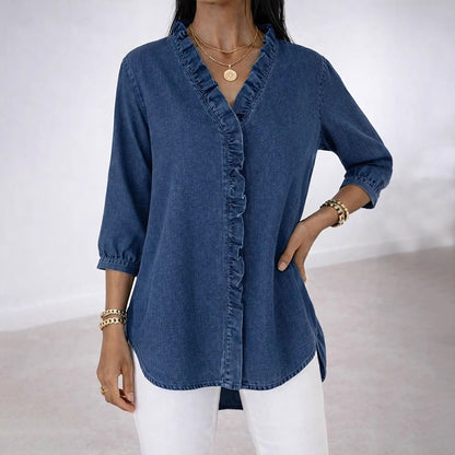 Cardydony Women's Casual Imitation Denim V-neck Ruffle Shirt