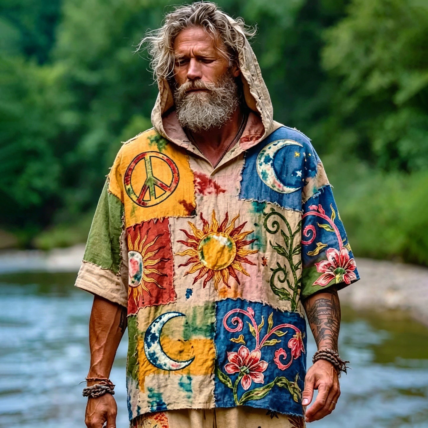 Cardydony Men's Retro Hippie Art Sun Moon Pattern Casual Cotton Linen Hooded T-shirt