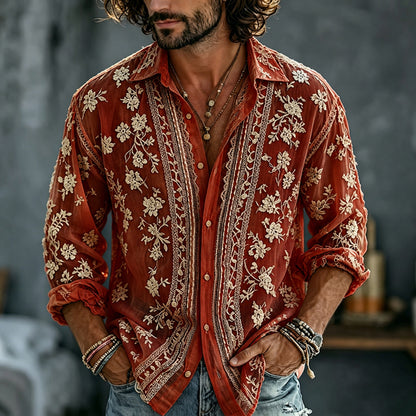 Cardydony Men's Summer Floral Embroidered Art Print Flowy Linen Blend Shirt