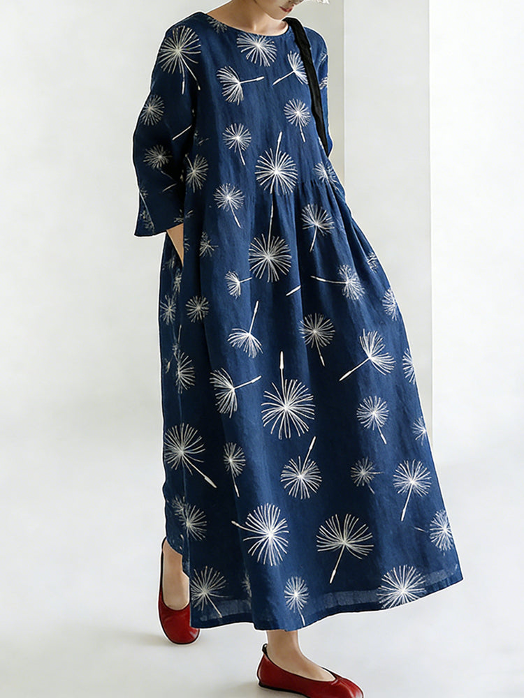 Cardydony Japanese Art Retro Style Dandelion Print Women's Dress