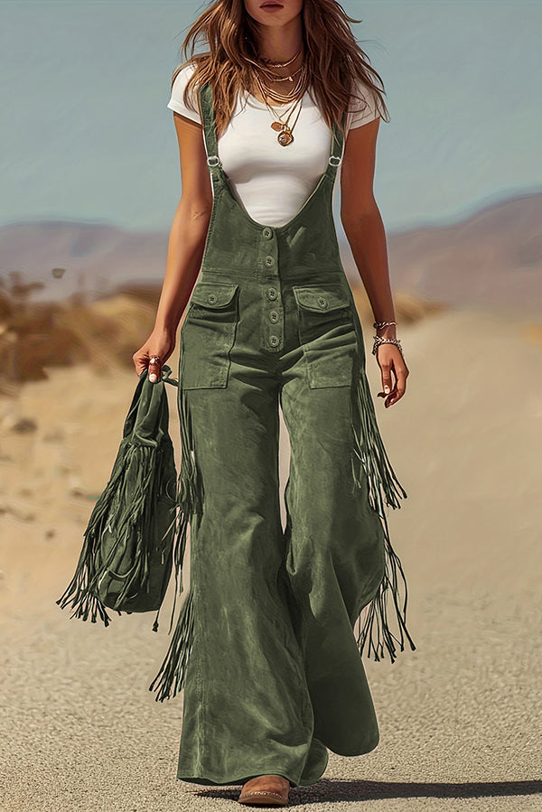 Cardydony Women's Stylish Suede Tassel Button Pocket Casual Wide-leg Overalls