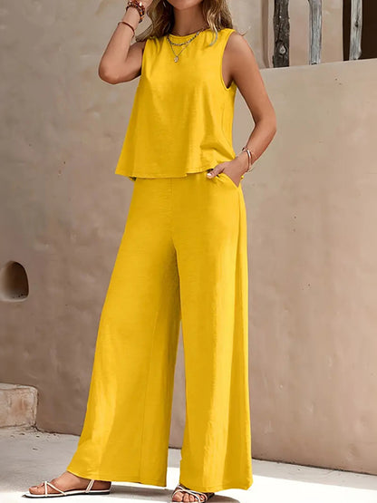 Cardydony Elegant Solid Color Crew Neck Tank Top And Wide Leg Pants Two Piece Set