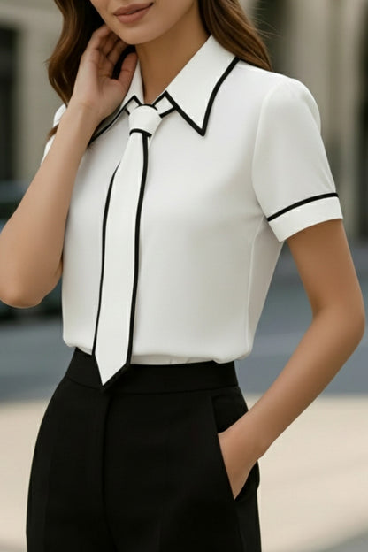 Cardydony Women's  Stylish Color-blocked Trim Collared Short-sleeved Casual Shirt