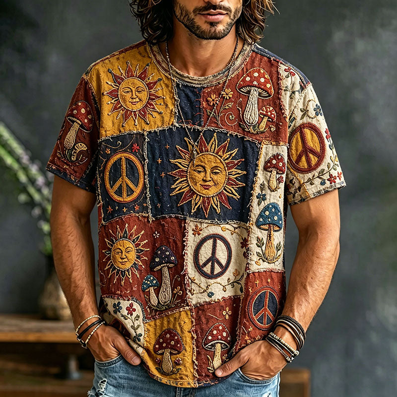 Cardydony Men's Color Block Hippie Sun Mushroom Peace Graphic Patchwork Print T-shirt