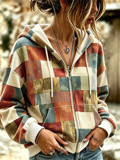 Cardydony Women's Retro Abstract Geometric Pattern Casual Comfort Zip-up Hoodie