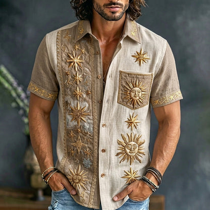 Cardydony Men's Retro Sun And Star Printed Short Sleeve Shirt