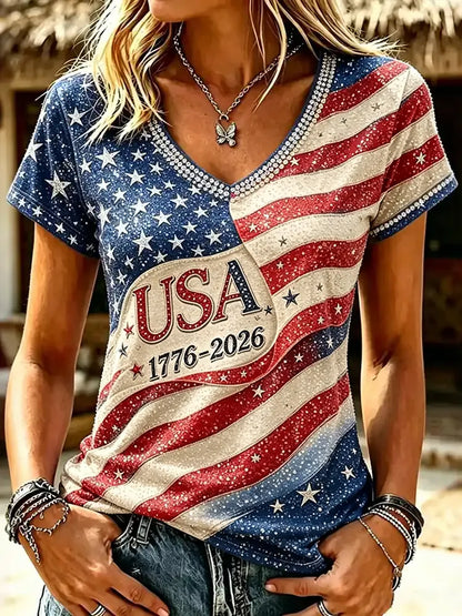 Cardydony Women's Independence Day Printed V Neck Casual Tops