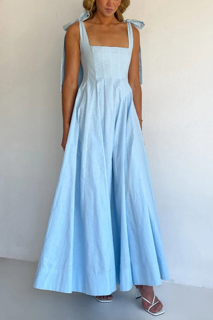Cardydony Women's Solid Color Sleeveless Tie-up Suspender Elegant Patchwork Maxi Dress