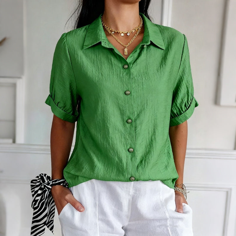 Cardydony Women's Solid Color Button Blend Loose Short Sleeve Shirt