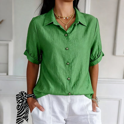 Cardydony Women's Solid Color Button Blend Loose Short Sleeve Shirt