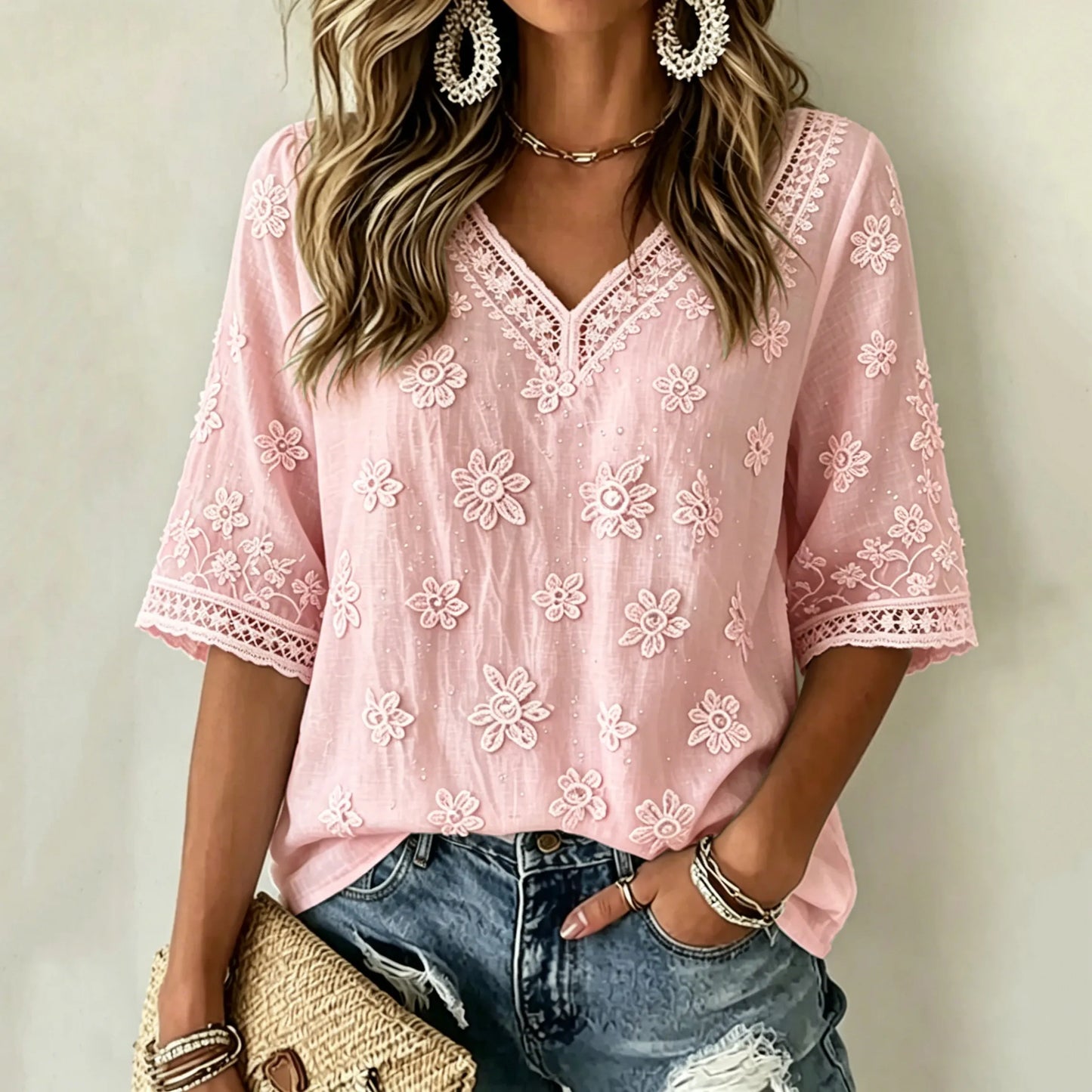 Cardydony Women's White Rose Art Embroidered Art Flowy Linen Blend Three Quarter Sleeves T-shirt