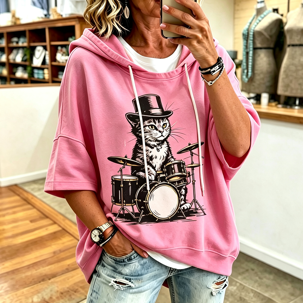 Cardydony Women's Short Sleeve Hooded Sweatshirt Featuring Cat Wearing Top Hat And Playing Drums