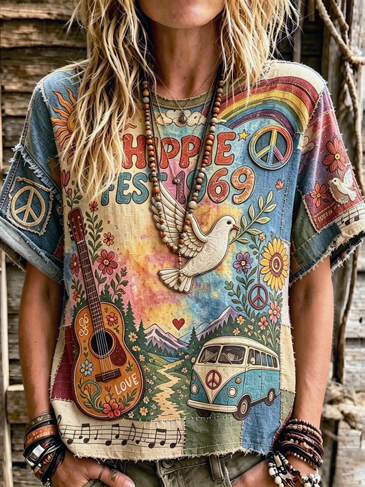 Cardydony Women's Vintage Hippie Music Pigeons With Guitars Art Short Sleeve Linen Blend T-shirt