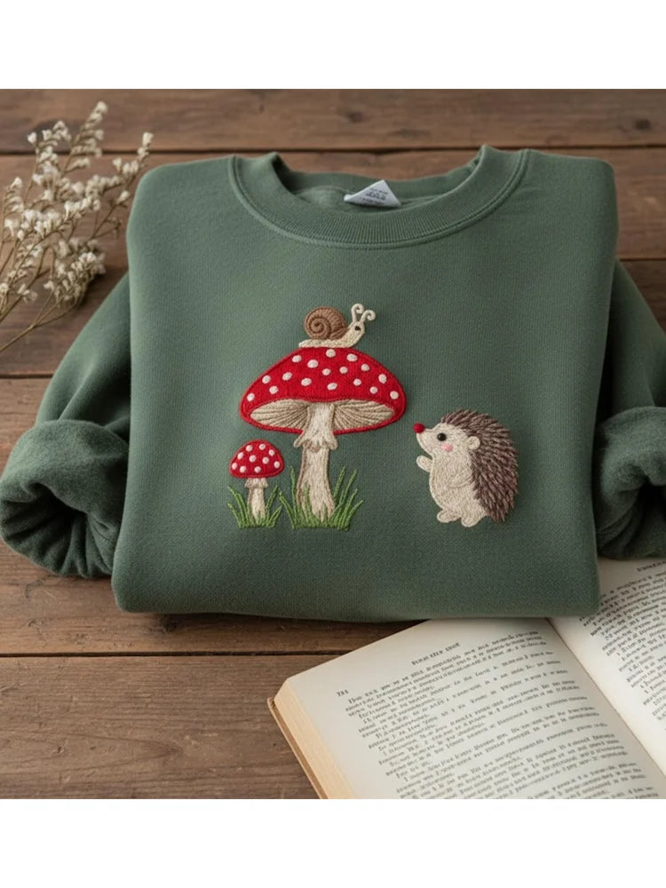 Cardydony Embroidered Hedgehog Snail Mushroom Sweatshirt