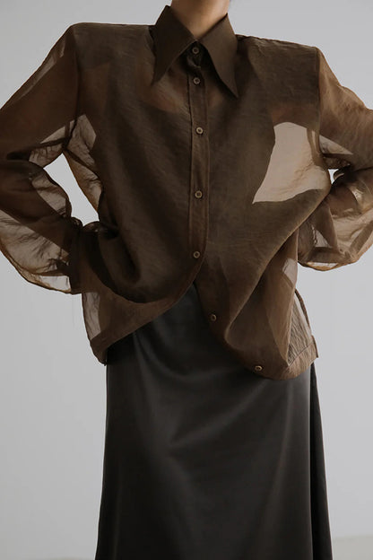 Cardydony Women's Retro Sheer Loose Long-sleeved Casual Shirt