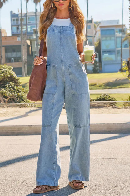 Cardydony Women's Stylish Loose Pockets Side Buttons Wide-leg Denim Jumpsuit