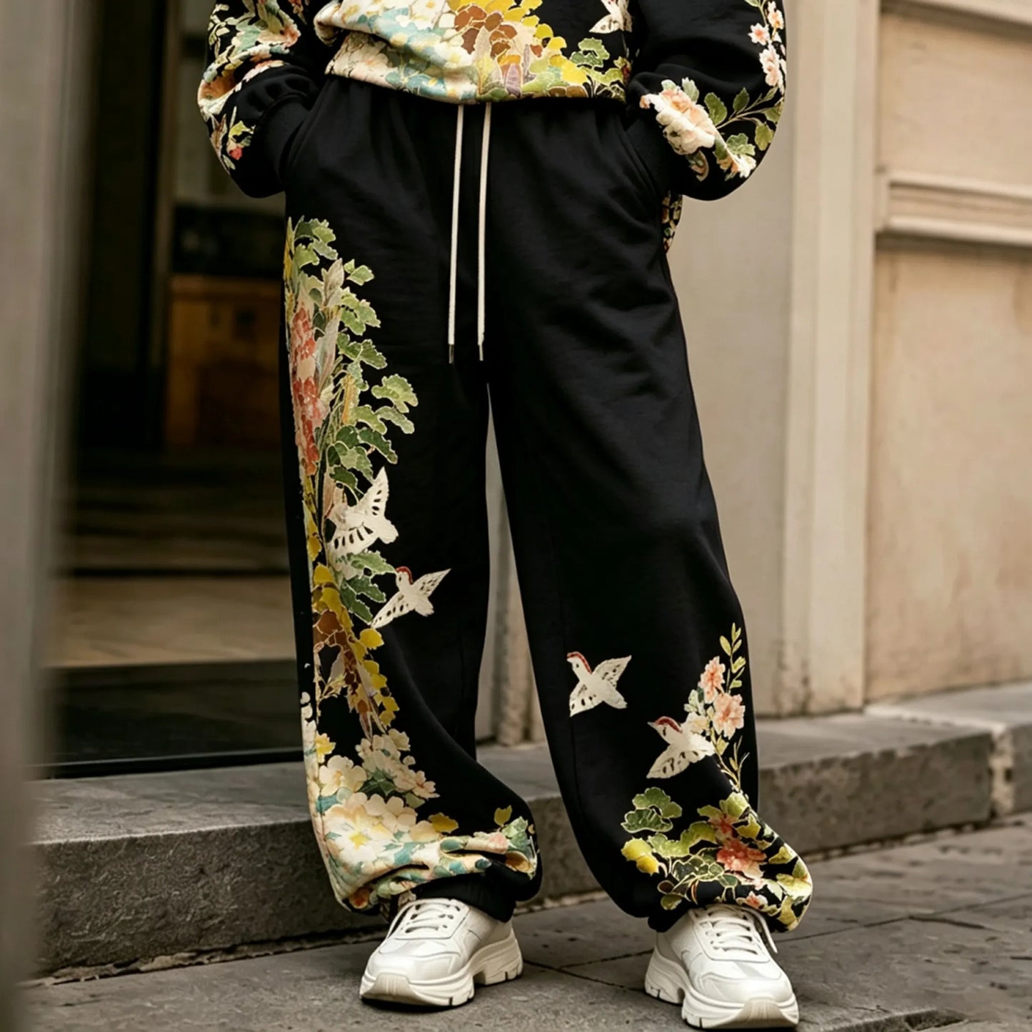 Cardydony Women's Vintage Japanese Art Print Hoodie Two Piece Set
