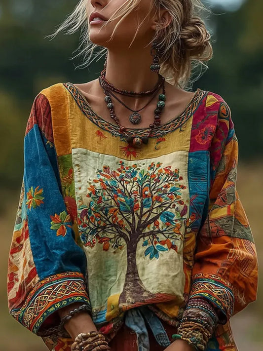 Cardydony Women's Vintage Tree Of Life Patchwork Print Linen Blend Top