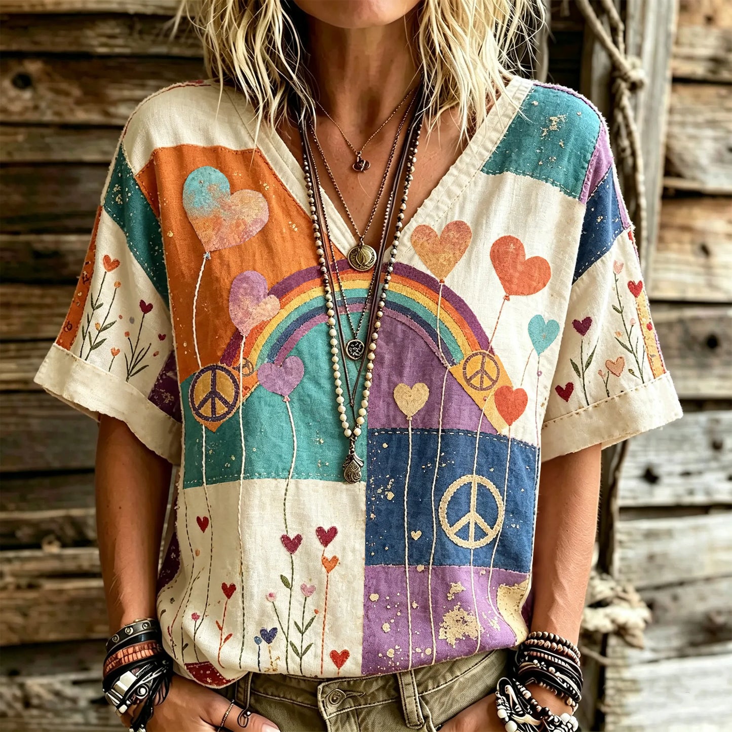Cardydony Retro Distressed Hippie Balloon Heart Color-blocked Washed Patchwork Rainbow Peace Symbol Short-sleeved Top