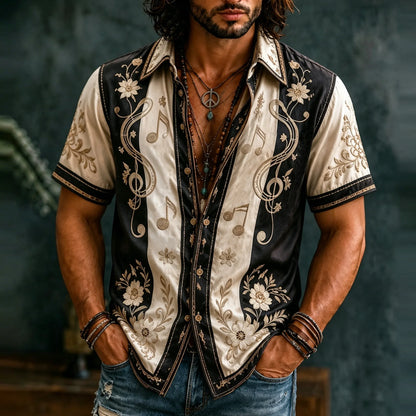 Cardydony Men's Retro Floral With Note Embroidery Art Short Sleeve Shirt