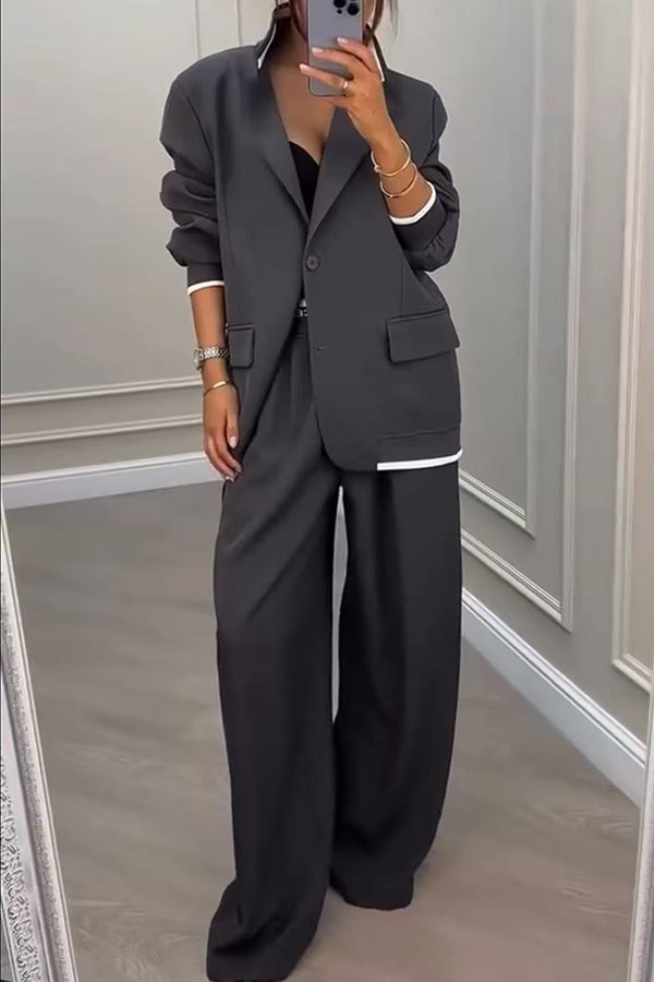Cardydony Women's Fashion Sports Style Ribbed Colorblock Lapel Blazer and Elastic Waist Pocket Loose Pants Set
