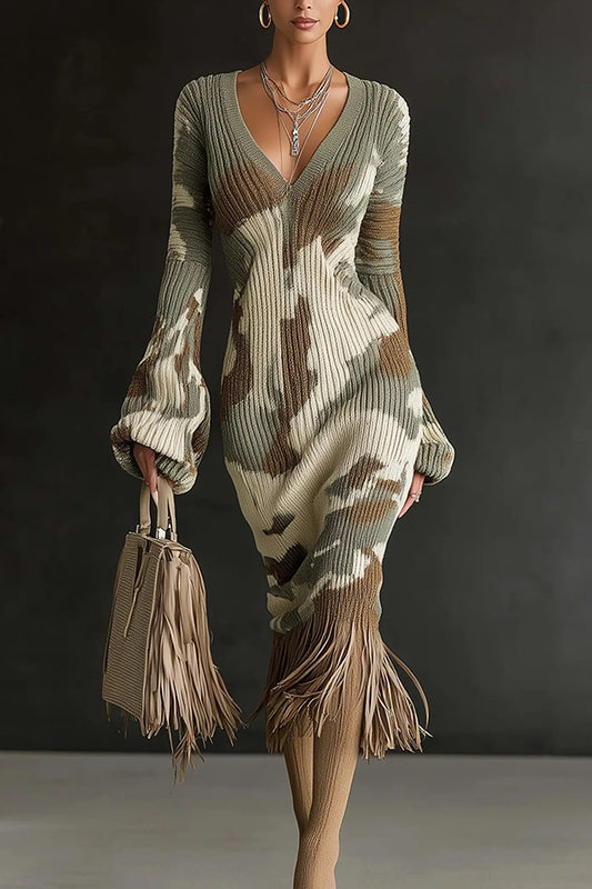 Cardydony Women's Unique Printed V-neck Long-sleeved Elegant Tassel Hem Midi Dress