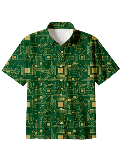 Cardydony Men's Technology Sense Circuit Board Button Up Pocket Shirt