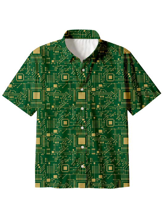 Cardydony Men's Technology Sense Circuit Board Button Up Pocket Shirt