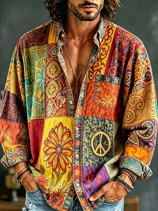 Cardydony Men's Retro Ethnic Hippie Color Block Design Shirt
