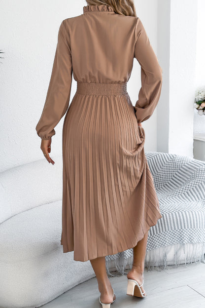 Cardydony Women's Solid Color Long-sleeved Fitted Waist Pleated Elegant Midi Dress