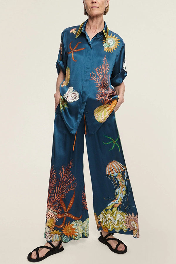 Cardydony Women's Linen Blend Unique Print Lapel Short Sleeve Shirt and Elastic Waist Loose Pocket Wide Leg Pants Set
