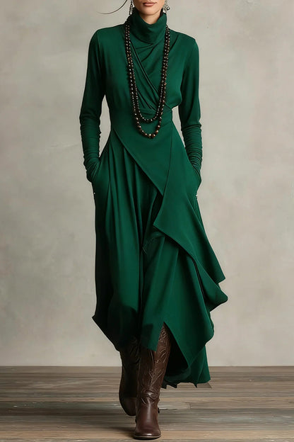 Cardydony Women's Solid Color High-neck Long-sleeved Irregular Casual Maxi Dress