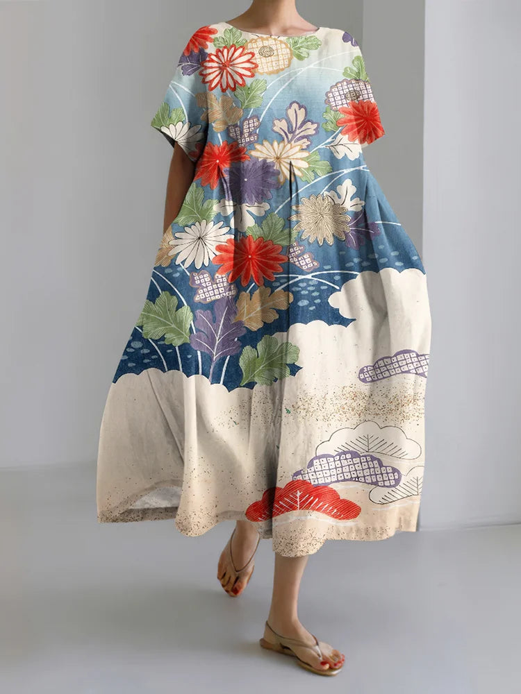 Cardydony Women's Japanese Floral Art Print Linen Dress
