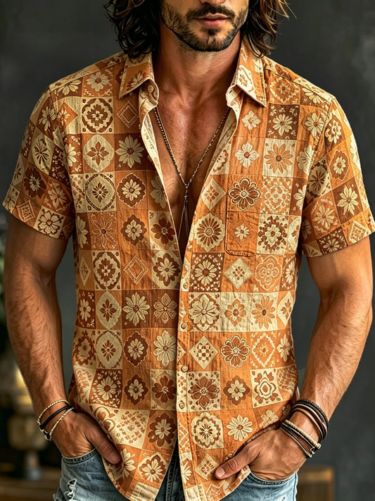 Cardydony Men's Boho Patchwork Floral Print Hippie Cotton And Linen Comfortable Short Sleeve Shirt