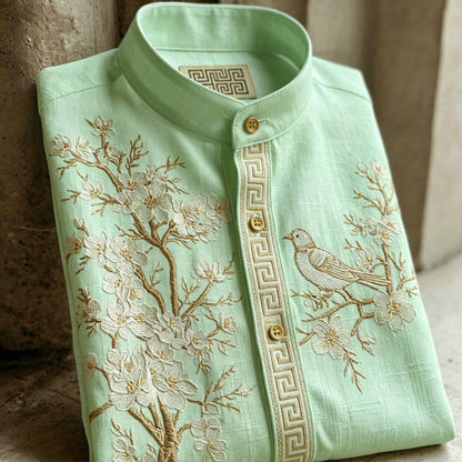 Cardydony Retro Cherry Blossom And Bird Pattern Short-sleeve Shirt