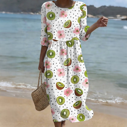 Cardydony Kiwis & Flowers Art Pattern Cozy Linen Midi Dress