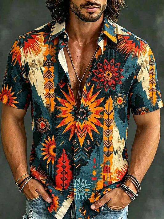 Cardydony Men's Retro Abstract Geometric Pattern Casual Shirt