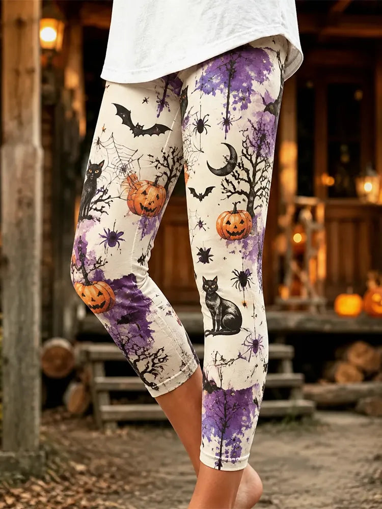Cardydony Women's Halloween Cropped Leggings With Purple Watercolor Splash, Black Cats, Pumpkins, And Spiders Print