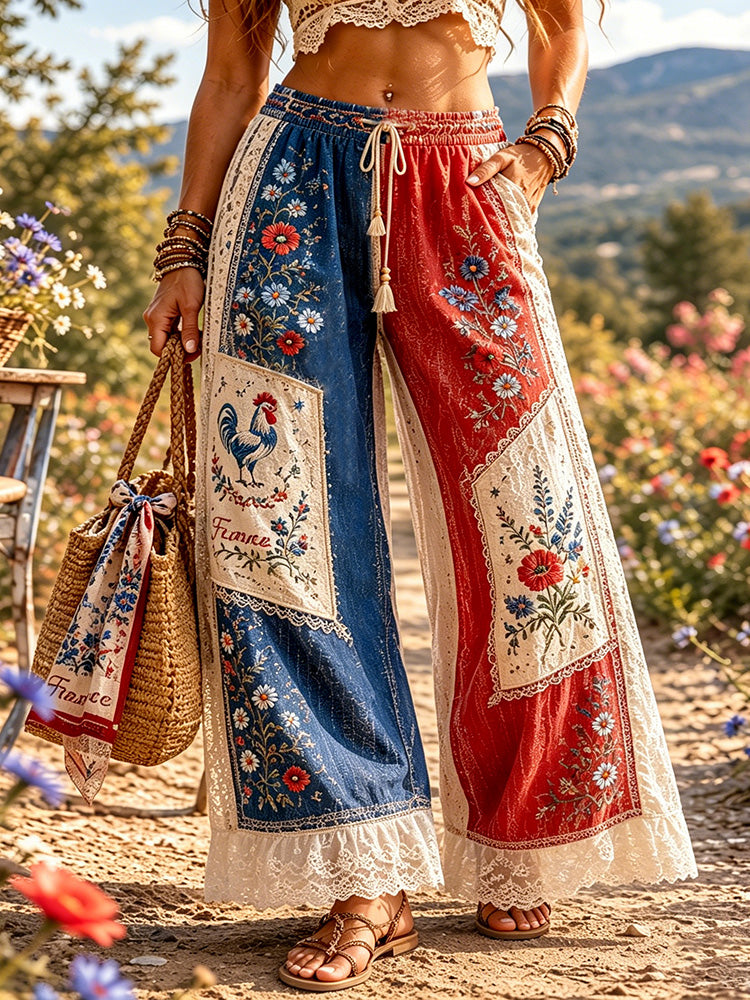 Cardydony Women's Retro Floral With Cock Embroidered Art Patchwork Wide-leg Pants