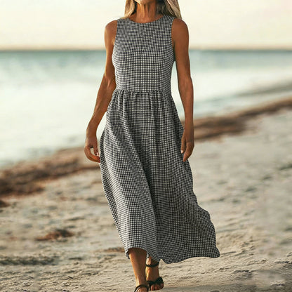 Cardydony Women's Plaid Pattern Linen Blend Sleeveless Dress