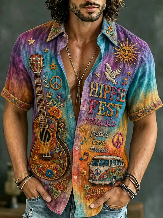 Cardydony Men's Retro Bohemian Hippie Style Floral Print Short-sleeve Shirt