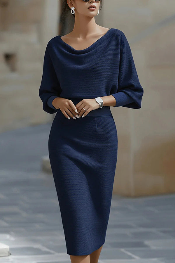 Cardydony Women's Solid Color Batwing Sleeve Fitted Waist Elegant Midi Dress