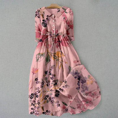 Cardydony Elegant Japanese Art Floral Print Lace-up Casual Midi Dress