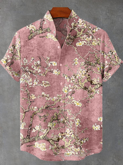 Cardydony Vintage White Art Florets Print Casual Cotton Shirt