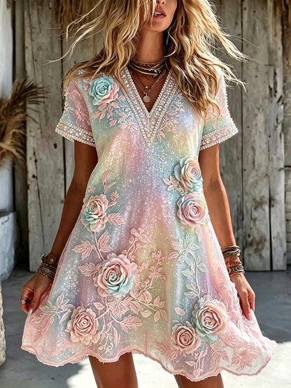 Cardydony Women's Floral In Macarons Colorful Art Embroidered Linen Blend V Neck Mini Dress