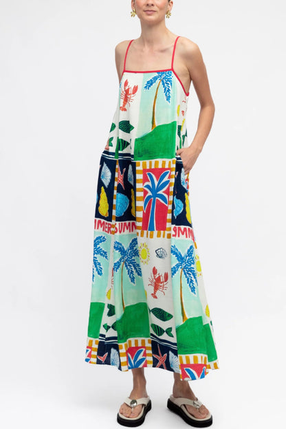 Cardydony Women's Summer-themed Printed Square Neck Sleeveless Pocket Loose Maxi Dress