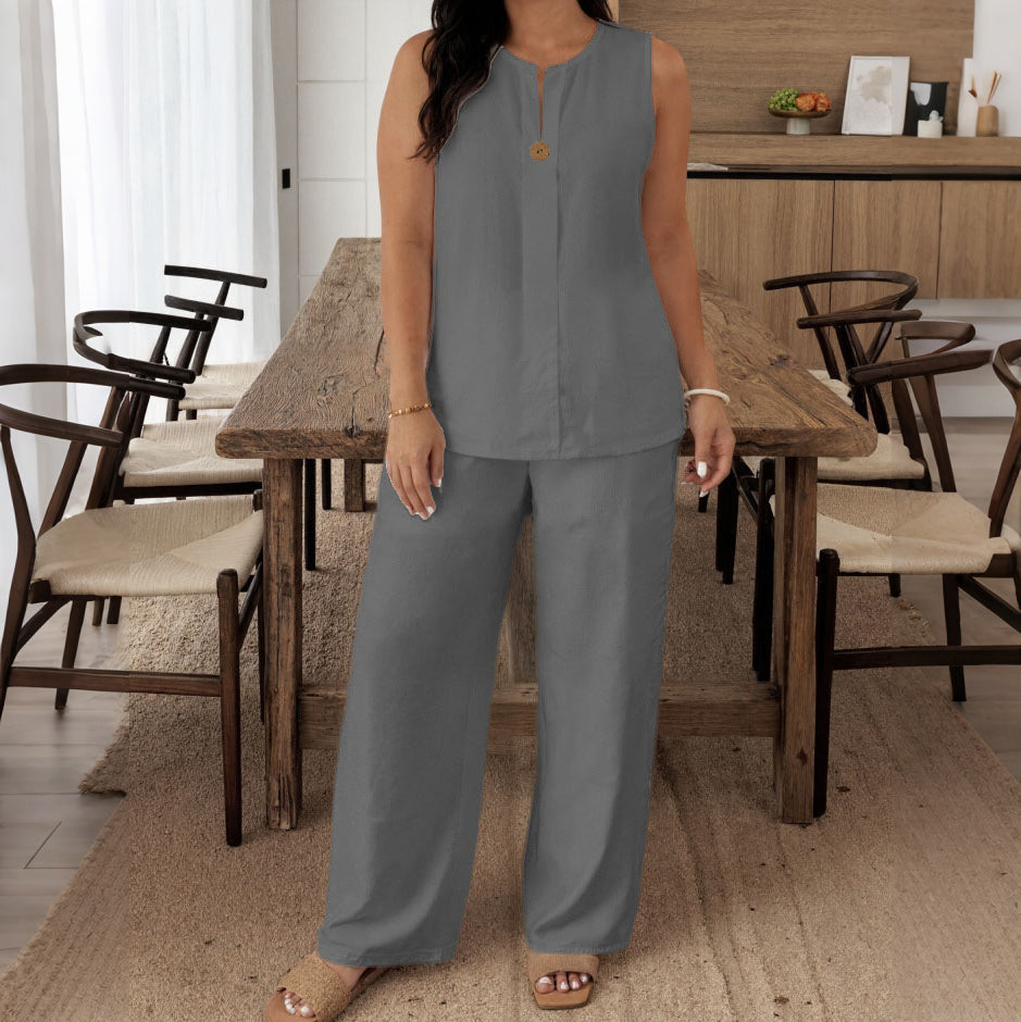 Cardydony Loose Top Casual Wide Leg Pants Linen Two Piece Set