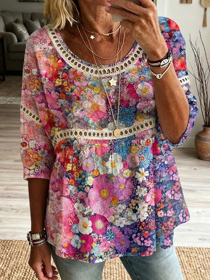 Cardydony Women's Retro Floral Patchwork Casual Mid-sleeve Top