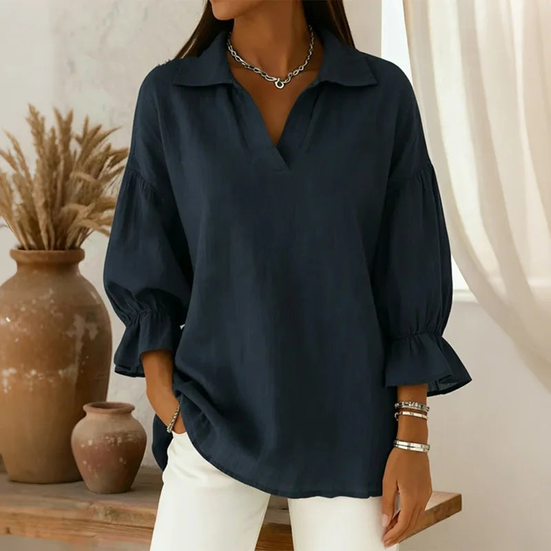 Cardydony Women's Solid Color Collared Cotton-Linen Blend Long Sleeve Loose Blouse